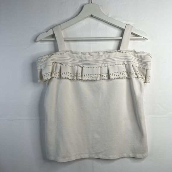 Red Valentino Sz S Top Ruffle Scallop Cream Cold Off Shoulder Blouse Boxy Italy - Picture 2 of 10